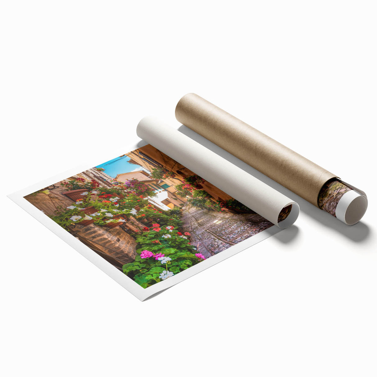 Rolled print of a vibrant abstract landscape artwork featuring bold colors and dynamic shapes, ideal for home decor and wall art enthusiasts. Perfectly packaged for easy display.