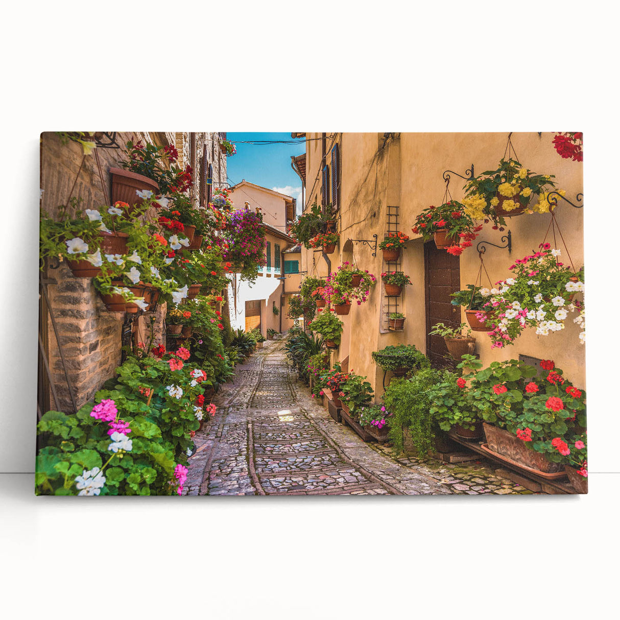 Stretched canvas wall art showcasing a vibrant landscape design with colorful streets, perfect for modern home decor. Ideal for enhancing living spaces with artistic flair.