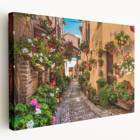 Stretched canvas wall art featuring a vibrant landscape design with rich colors, showcasing a serene street scene, ideal for home or office decor.