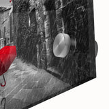 Close-up of a vibrant acrylic glass artwork depicting an abstract street landscape design, showcasing intricate details and vivid colors, ideal for modern home decor.