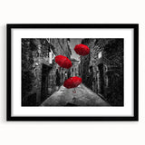 Framed wall art showcasing a modern landscape design in a black mat, featuring vibrant colors and intricate details, perfect for home decor enhancement.