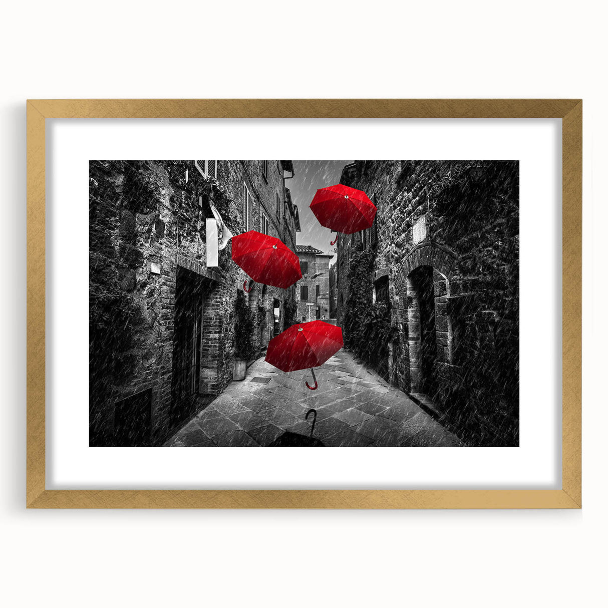 Framed wall art featuring a scenic landscape design with gold accents, elegantly displayed with a white mat, ideal for enhancing home decor aesthetics.