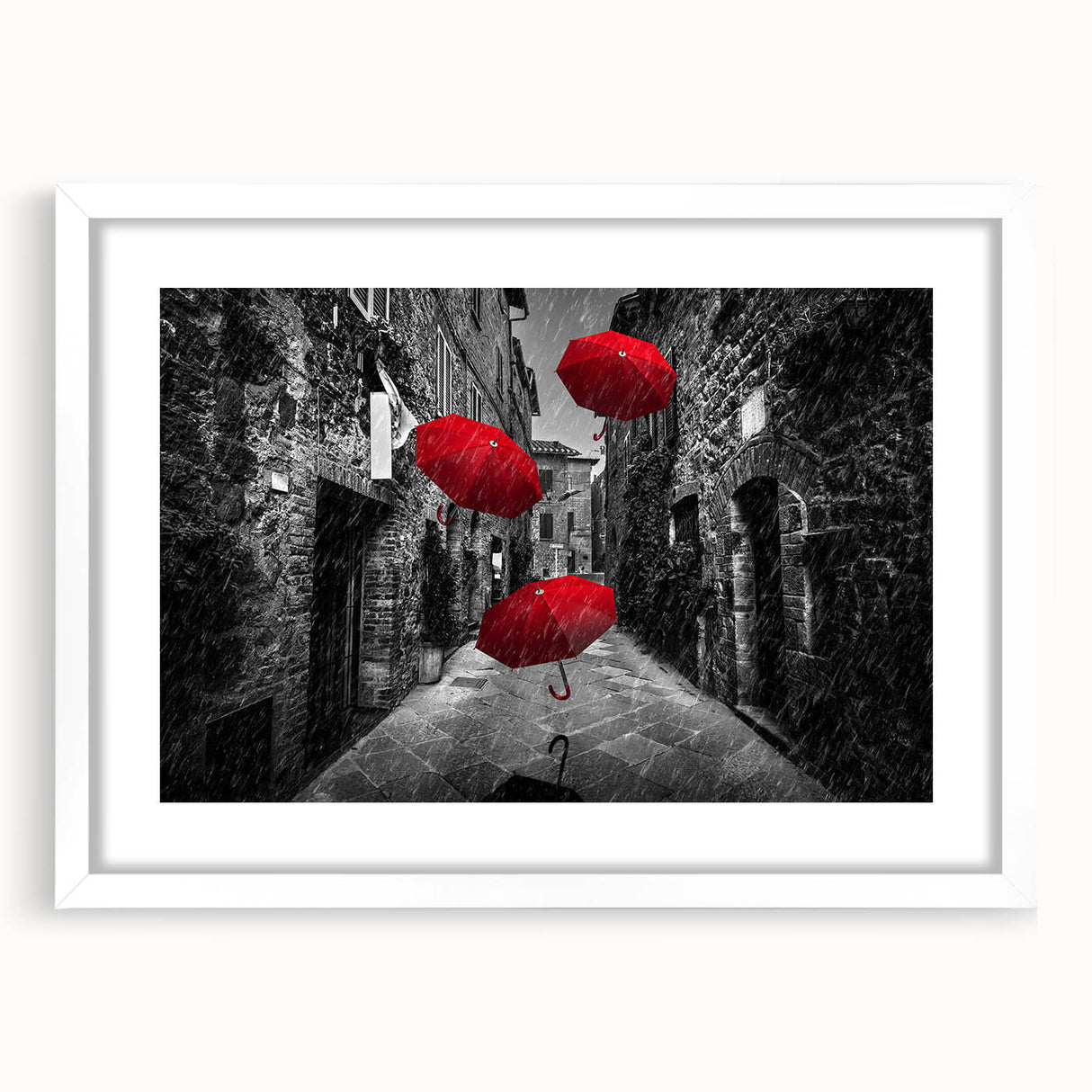 Framed wall art showcasing a serene landscape street design in a modern white frame with a mat, perfect for enhancing home decor with an artistic touch.