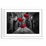 Framed wall art showcasing a serene landscape street design in a modern white frame with a mat, perfect for enhancing home decor with an artistic touch.