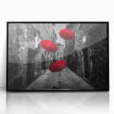 Framed wall art featuring a modern landscape design with vibrant colors, showcasing a street scene in an urban setting, presented in a sleek black frame for a contemporary aesthetic.