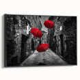 Framed canvas wall art showcasing a contemporary street landscape design, featuring a black frame, ideal for modern home decor and artistic interior styling.