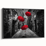 Framed canvas wall art showcasing a contemporary street landscape design, featuring a black frame, ideal for modern home decor and artistic interior styling.
