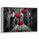 Framed canvas wall art featuring a contemporary street landscape design, showcasing vibrant colors and intricate details, set against a clean white background, ideal for modern decor.