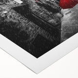 Rolled canvas print depicting a vibrant urban landscape with colorful street art, showcasing intricate details and lively hues, ideal for modern home decor.