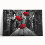 Stretched canvas wall art displaying a vibrant cityscape design with colorful buildings and a sunset sky, perfect for modern home decor. Ideal for art lovers and interior design enthusiasts.