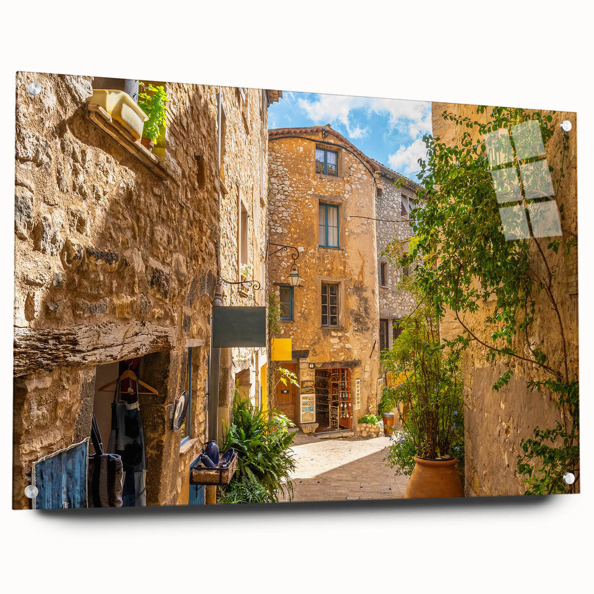 Acrylic glass wall art piece showcasing a vibrant landscape street design, elegantly displayed from the side with pins, ideal for modern home decor.