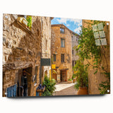 Acrylic glass wall art piece showcasing a vibrant landscape street design, elegantly displayed from the side with pins, ideal for modern home decor.