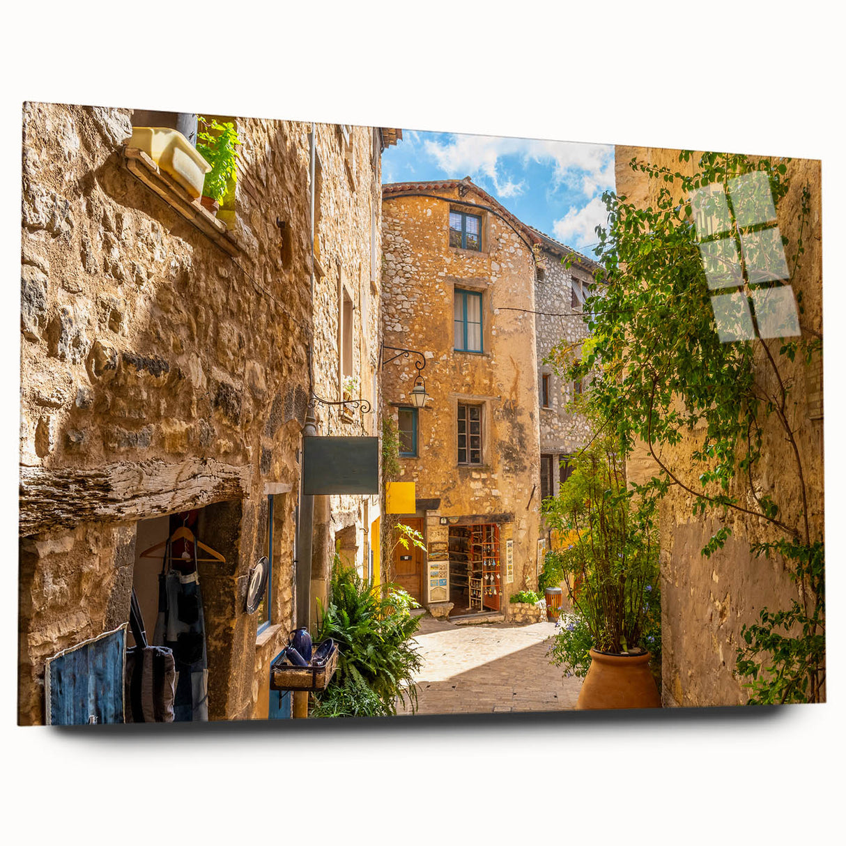 Acrylic glass wall art design showcasing a vibrant street landscape, featuring vivid colors and intricate details, displayed without pins in a contemporary setting.