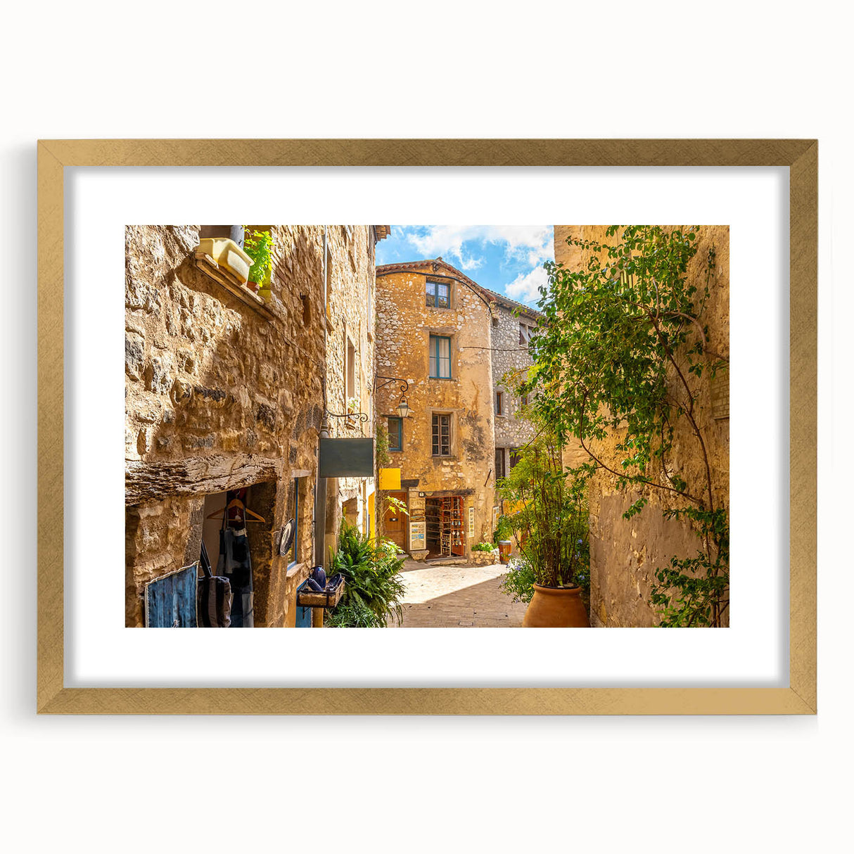 Gold-framed wall art featuring a vibrant streetscape design, showcasing colorful buildings and bustling urban life, ideal for enhancing modern home decor.