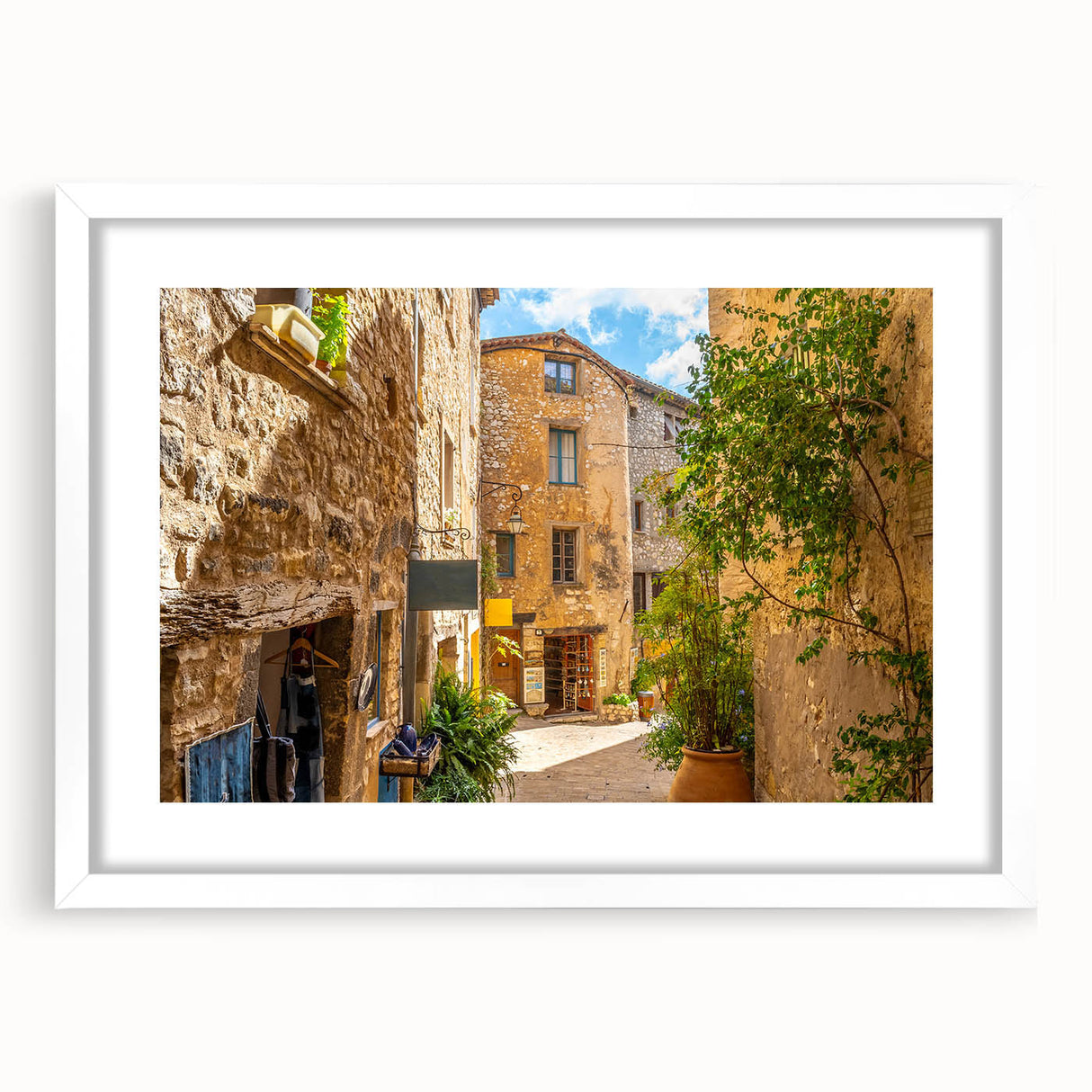 Framed wall art featuring a contemporary street landscape design with a white mat, ideal for home decor, showcasing vibrant colors and urban details.