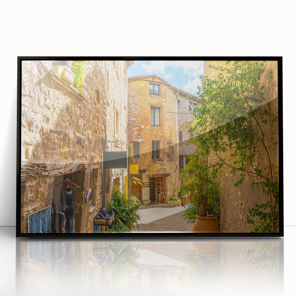 Framed black acrylic wall art showcasing a modern street landscape design, ideal for contemporary home decor. The piece exudes urban elegance and sophistication.