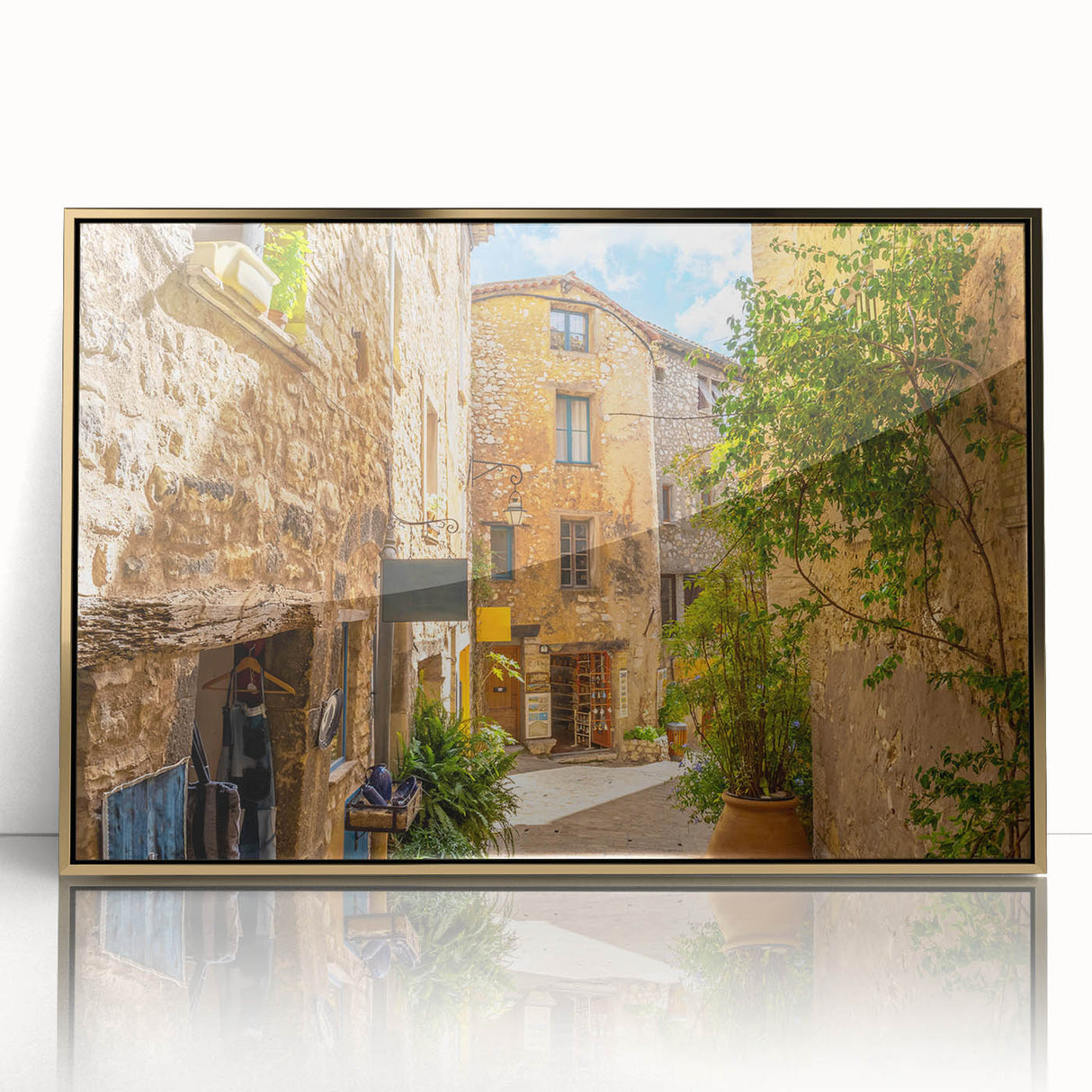 Framed acrylic wall art featuring a vibrant gold landscape design, showcasing intricate street scenes and modern aesthetics, perfect for home decor enhancement.