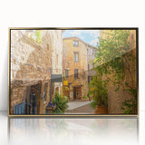 Framed acrylic wall art featuring a vibrant gold landscape design, showcasing intricate street scenes and modern aesthetics, perfect for home decor enhancement.