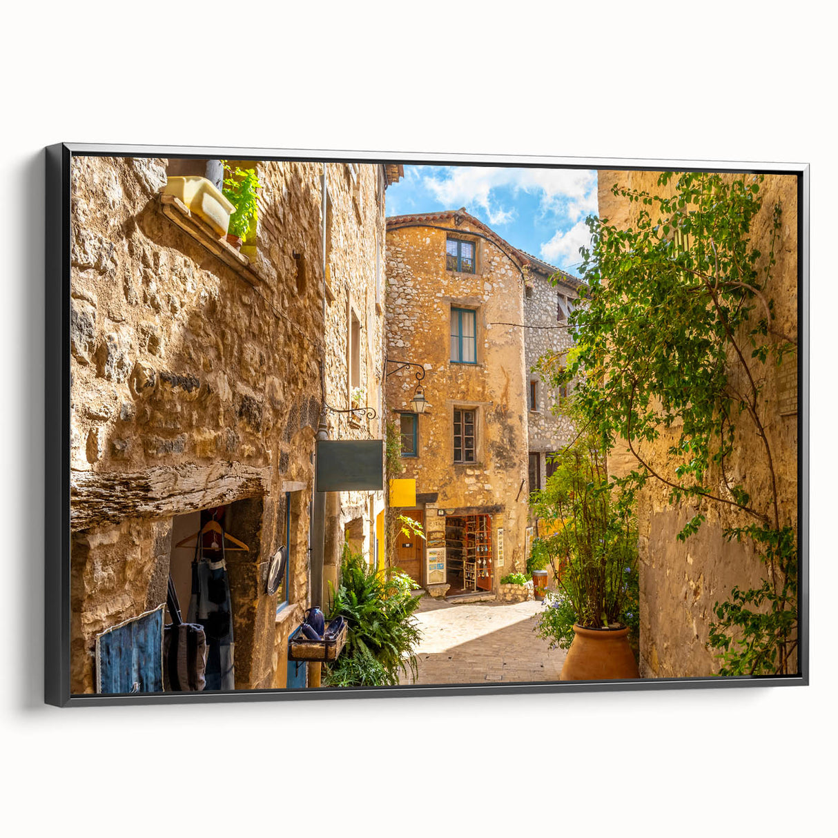 Framed canvas wall art showcasing a modern landscape design with vibrant colors and intricate details, featuring a sleek black frame for stylish decor enhancement. Perfect for living room or office spaces, this artwork adds a contemporary touch to any environment.