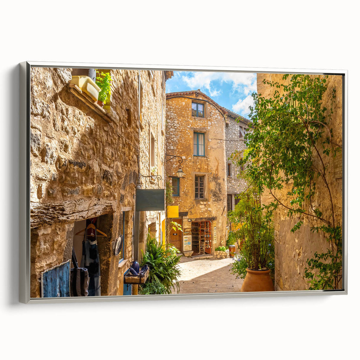 Framed canvas wall art featuring a modern street landscape design in silver, showcasing vibrant colors and intricate details, perfect for home decor enhancement.