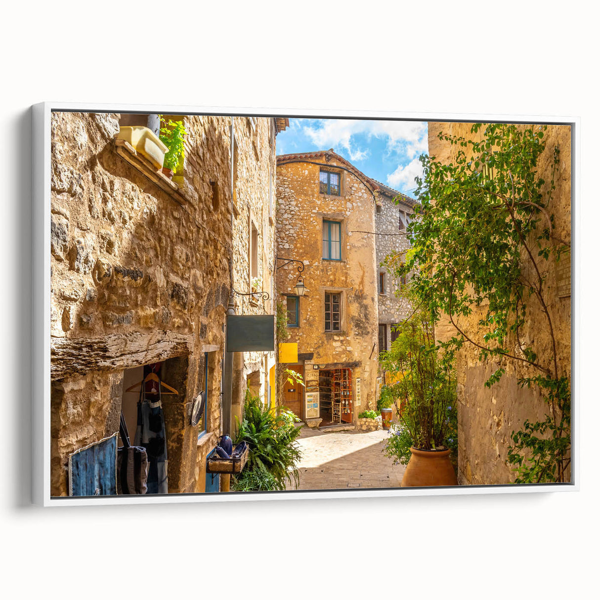 Framed canvas wall art showcasing a serene landscape design with vibrant colors, displayed against a white background, ideal for home decor.
