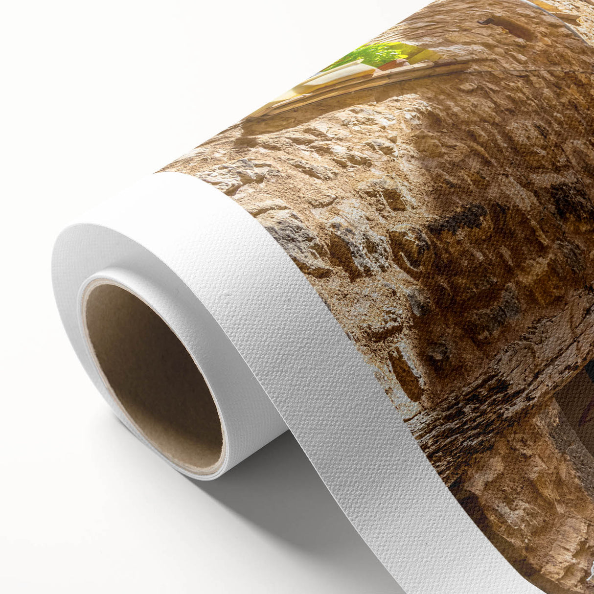 Rolled canvas showcasing a vibrant landscape street design, featuring bold colors and intricate details, ideal for modern home décor. Packaged securely in a cardboard tube for easy transport.