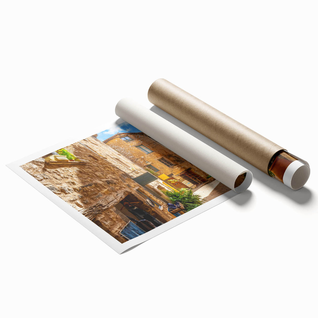 Rolled print showcasing a vibrant landscape street design with bold colors and intricate details, ideal for contemporary home decor or office art display.