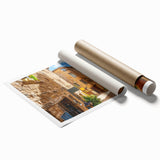 Rolled print showcasing a vibrant landscape street design with bold colors and intricate details, ideal for contemporary home decor or office art display.