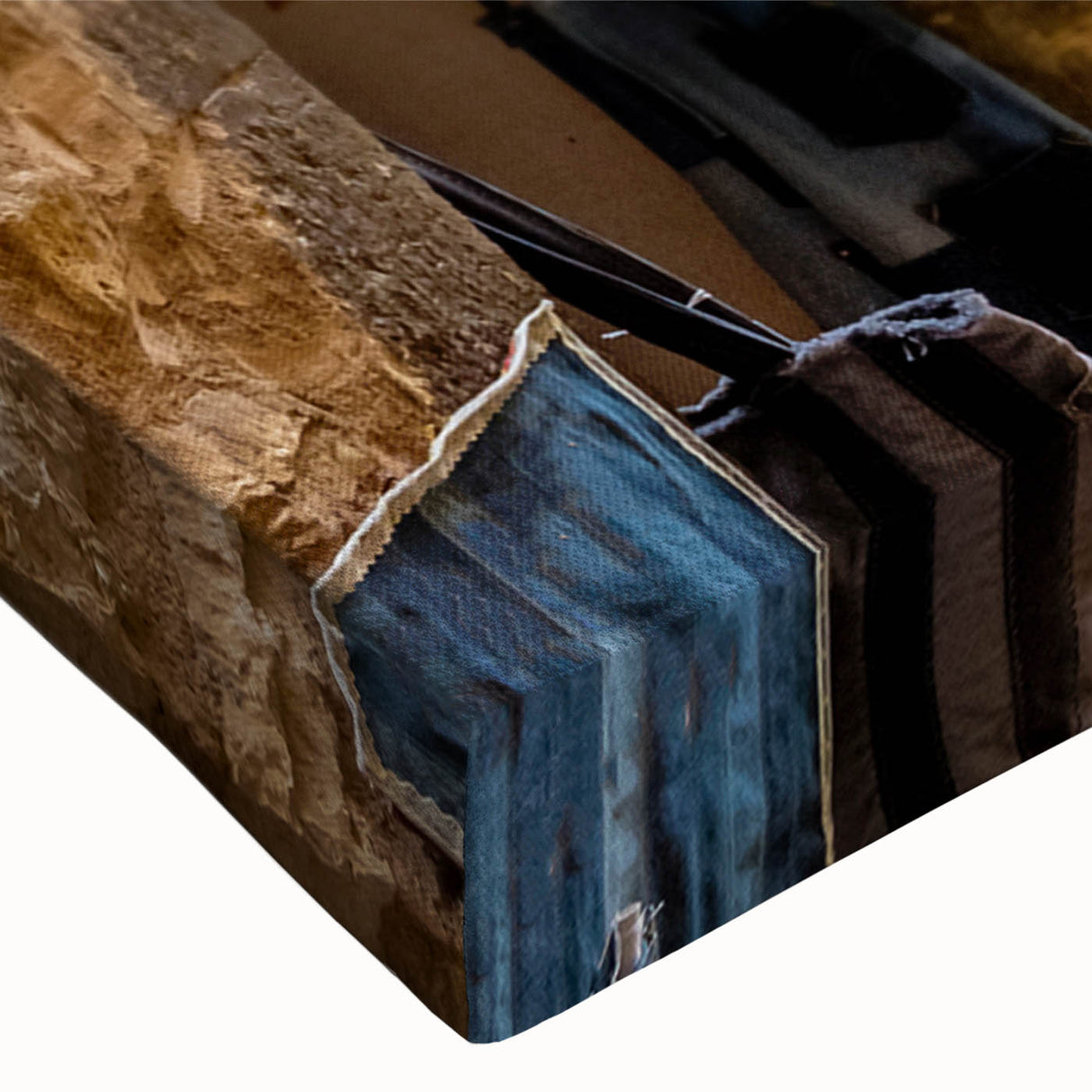 Close-up of a stretched canvas wall art piece showcasing an intricate urban landscape design with vibrant colors and detailed textures, perfect for modern decor.