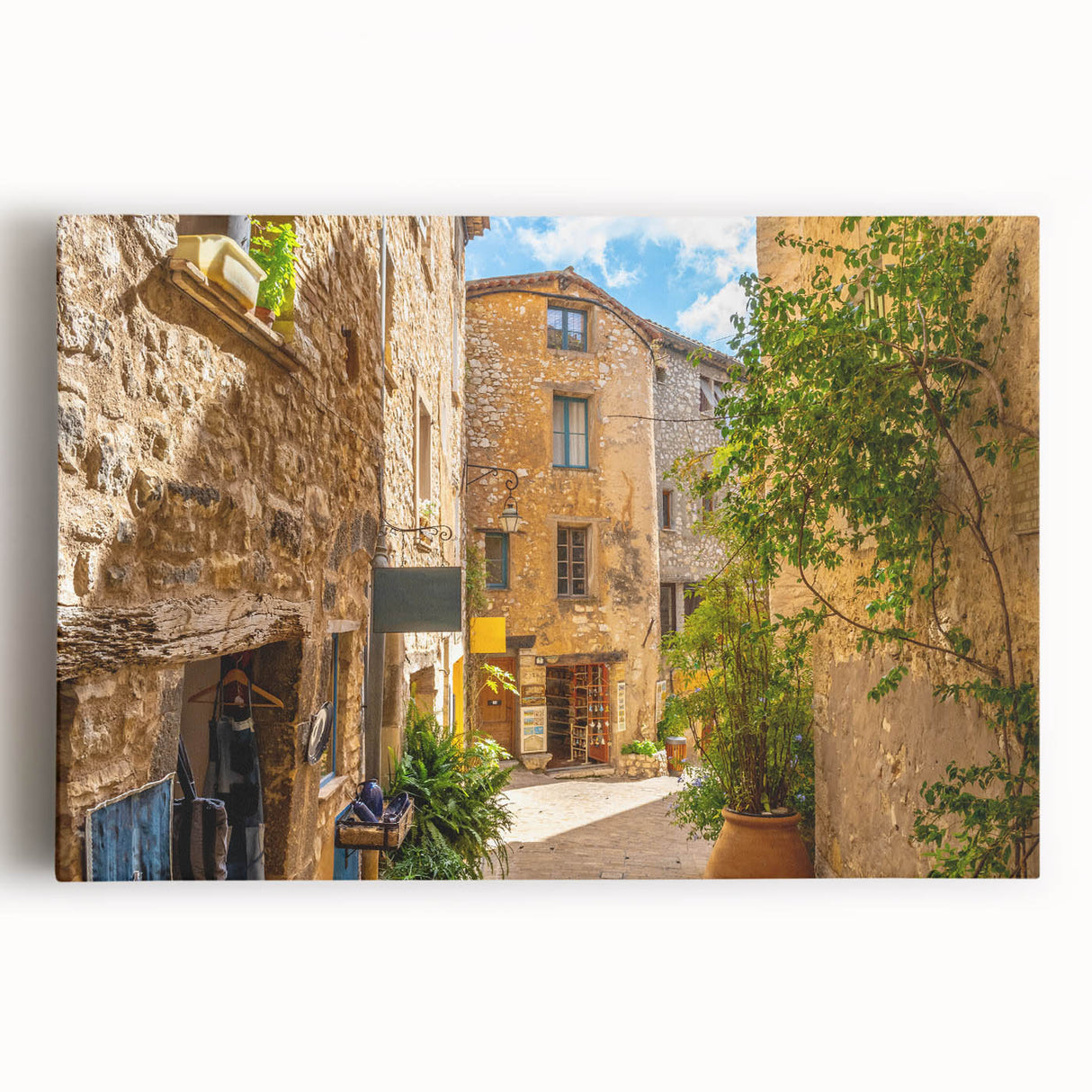 Stretched canvas wall art featuring a vibrant cityscape design, showcasing colorful buildings and a lively street scene, perfect for modern home decor.