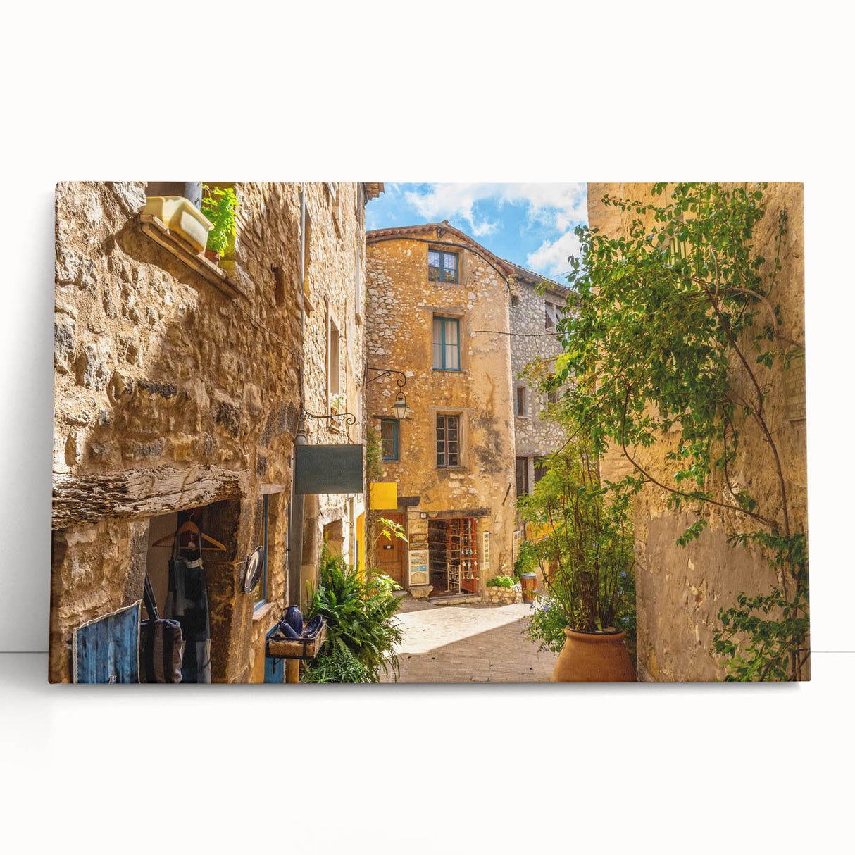 Stretched canvas wall art showcasing a vibrant urban landscape design, featuring colorful streets and buildings, perfect for modern home decor.