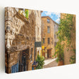 Stretched canvas wall art showcasing a vibrant street landscape design, featuring bold colors and intricate details, ideal for modern home decor.