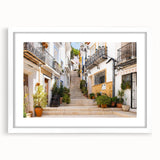 Framed wall art from the Landscapes Streets Design collection, showcasing a vibrant urban scene, with a white mat and frame, ideal for modern home decor.