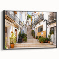 Framed black canvas wall art showcasing a vibrant street landscape design, ideal for modern home decor, emphasizing urban aesthetics and contemporary style.
