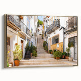 Framed canvas wall art featuring a modern landscape design with vibrant colors and gold accents, showcased from a side view, perfect for home decor.