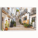 Stretched canvas wall art showcasing a vibrant urban landscape design, featuring intricate street details and bold colors, ideal for modern home decor.