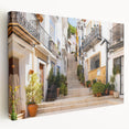 Stretched canvas wall art featuring a vibrant landscape design with rich colors, showcasing a serene street scene, perfect for home decor. Ideal for art enthusiasts seeking unique, eye-catching decor elements.