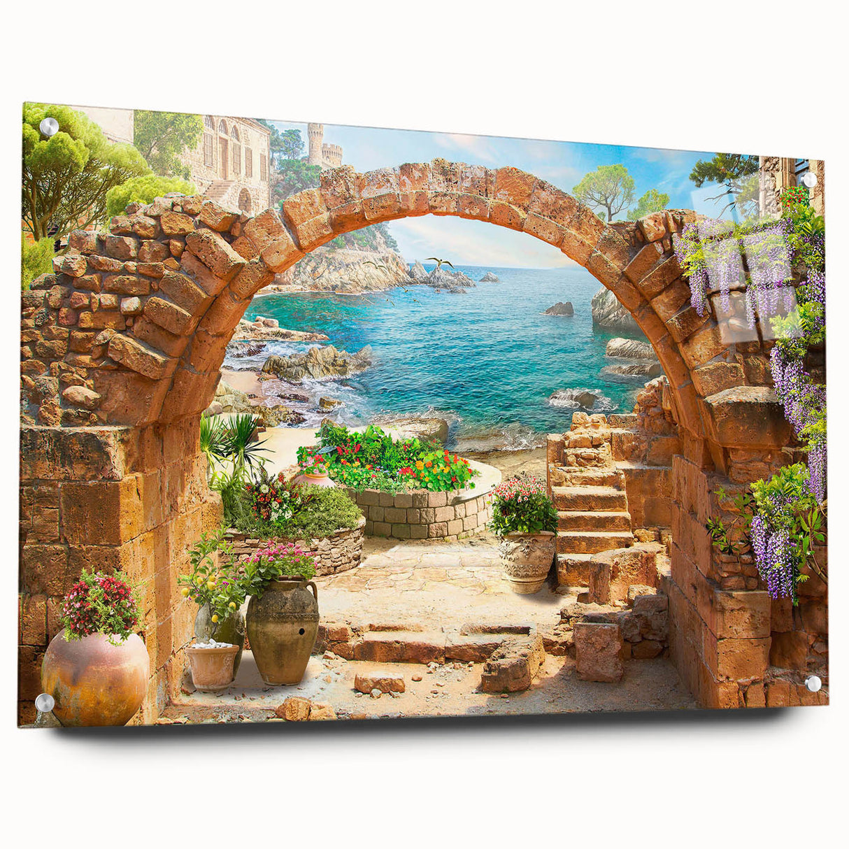 Acrylic glass wall art display showcasing a vibrant street landscape design, featuring colorful buildings and urban elements, elegantly pinned to a wall.