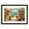Framed black wall art featuring a vibrant street landscape design, elegantly showcasing colorful buildings and lush greenery, perfect for modern home decor.