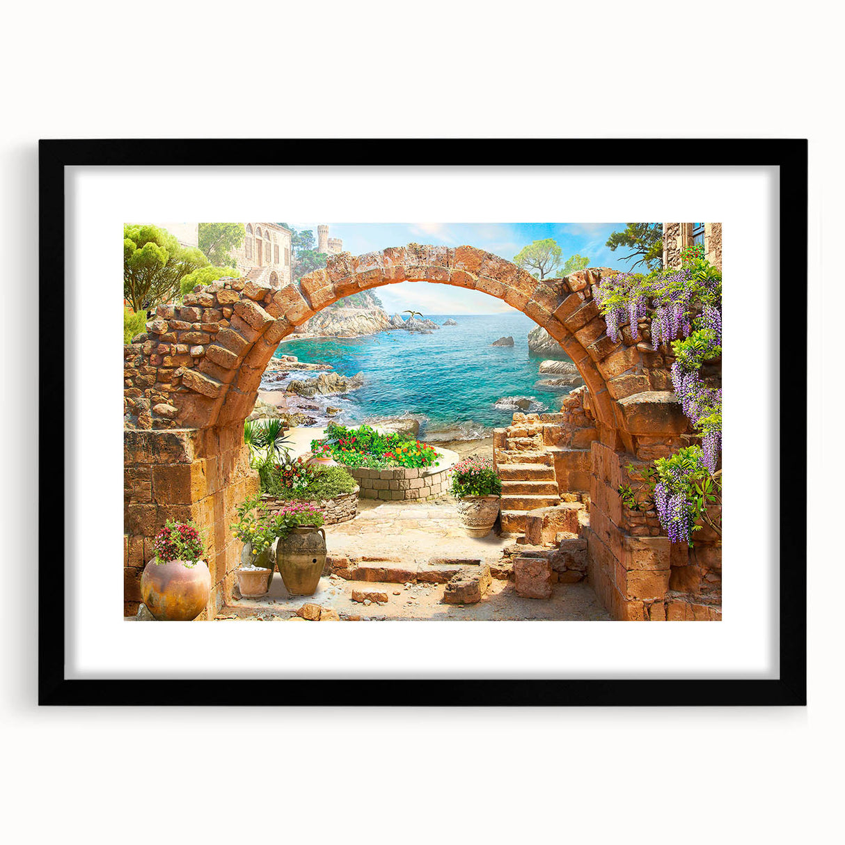 Framed black wall art featuring a vibrant street landscape design, elegantly showcasing colorful buildings and lush greenery, perfect for modern home decor.