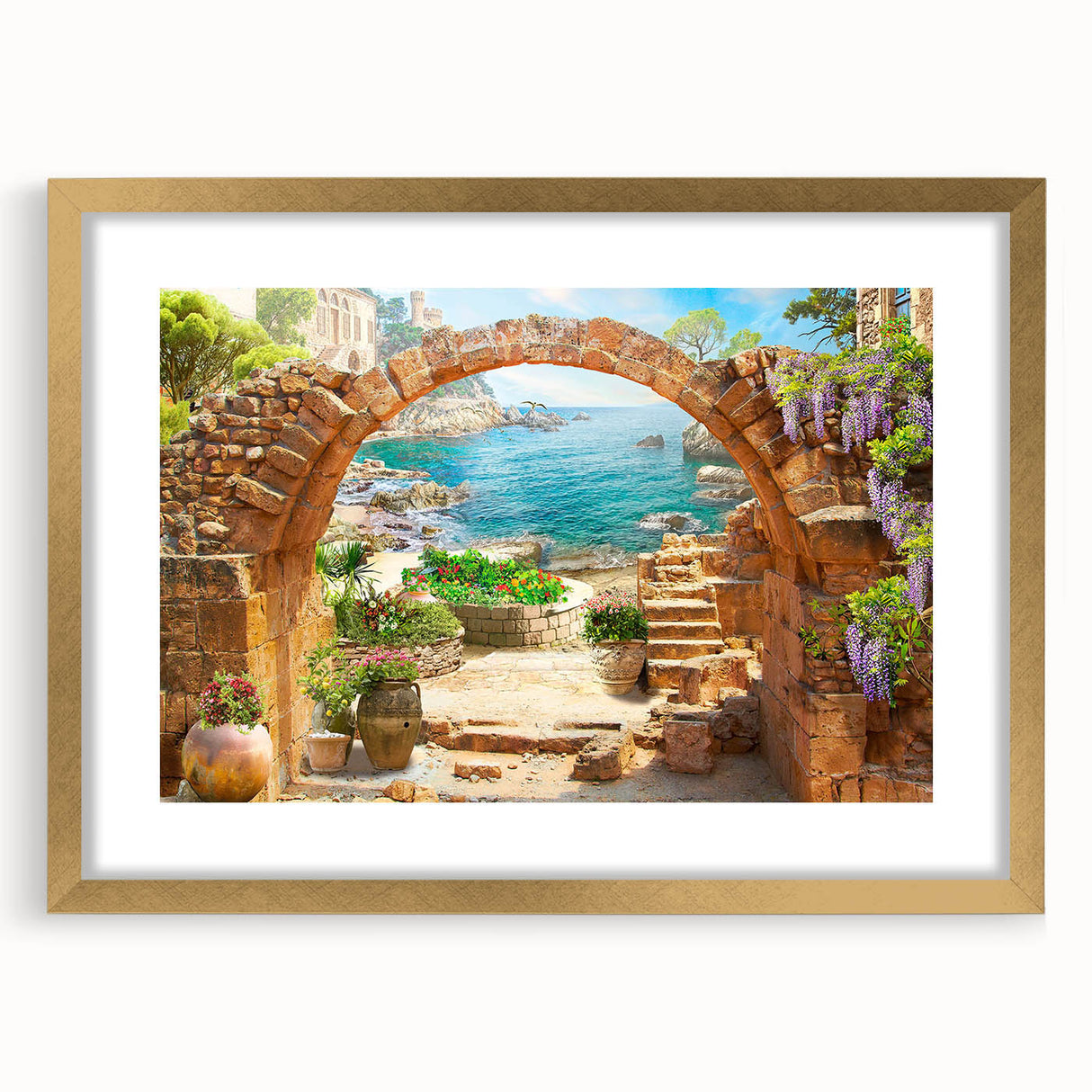 Framed wall art featuring a vibrant landscape street design with a gold mat. The artwork showcases intricate details, ideal for modern home decor.