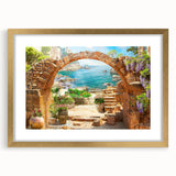 Framed wall art featuring a vibrant landscape street design with a gold mat. The artwork showcases intricate details, ideal for modern home decor.