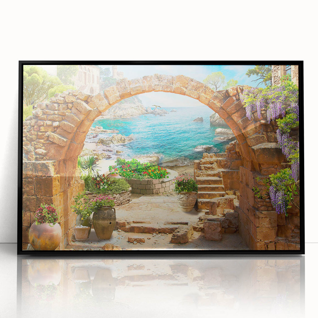 Framed acrylic wall art showcasing a vibrant urban landscape design, featuring vivid colors and intricate details, ideal for modern home decor.