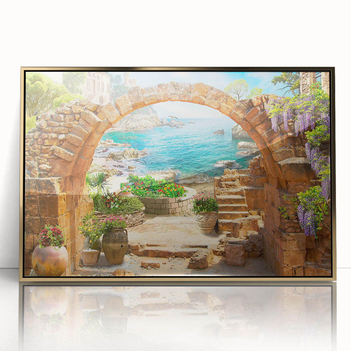 Framed acrylic wall art featuring a modern landscape design with gold accents, perfect for contemporary home decor. The piece showcases vibrant colors and intricate details, enhancing any living space.