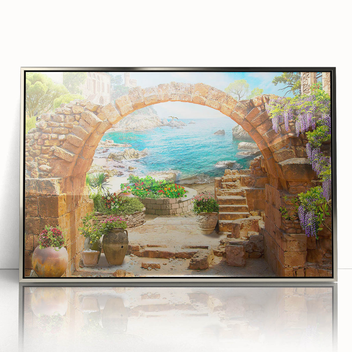 Framed acrylic wall art showcasing a contemporary landscape design with silver accents, perfect for modern interiors. Ideal for adding elegance to any space.