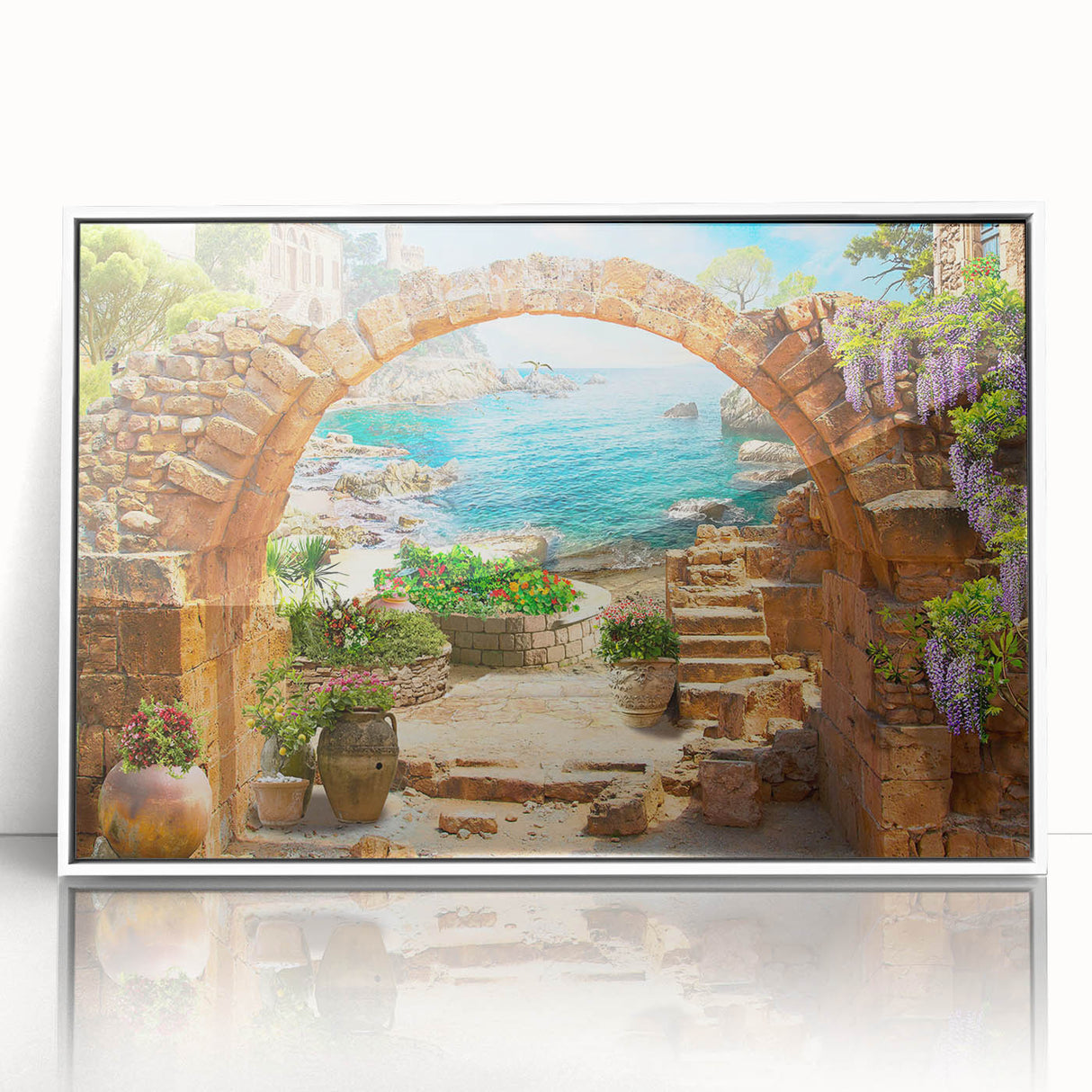 Framed acrylic wall art showcasing a vibrant landscape design with intricate street scenes, mounted in a sleek white frame, ideal for modern home decor.