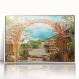 Framed acrylic wall art showcasing a vibrant landscape design with intricate street scenes, mounted in a sleek white frame, ideal for modern home decor.