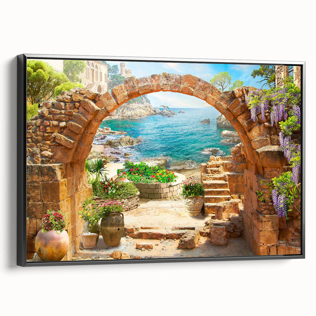 Framed canvas wall art showcasing a serene landscape design with earthy tones and intricate details, displayed from a side view to highlight its depth and texture. Perfect for enhancing modern home decor or office spaces.