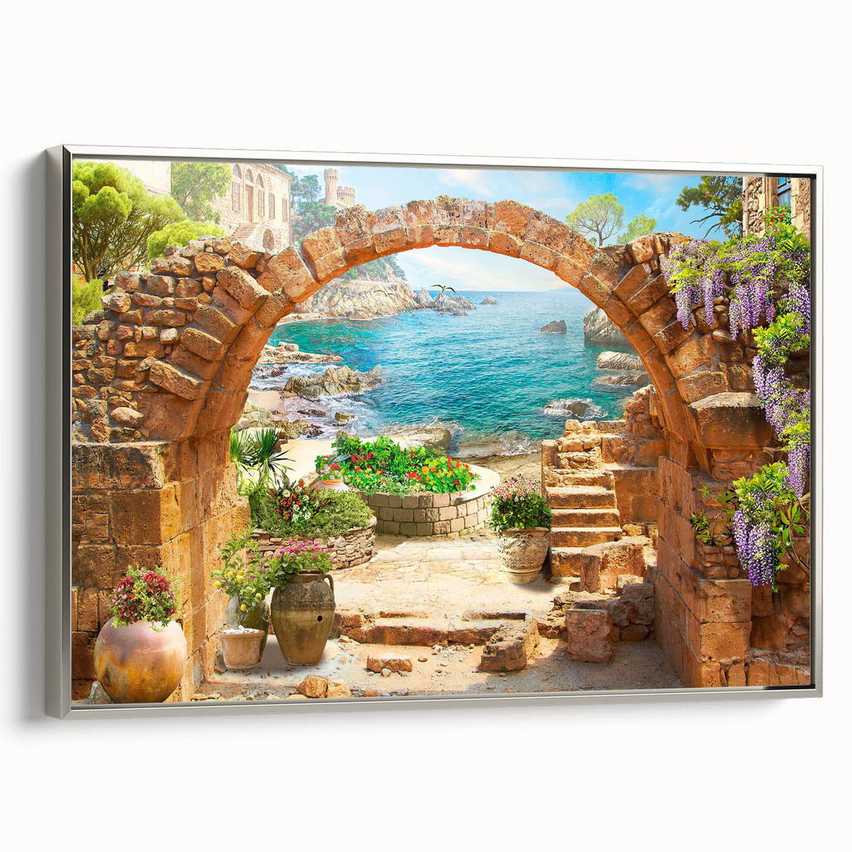 Framed canvas wall art showcasing a modern landscape design in silver tones, adding elegance to any space, ideal for home or office decor.