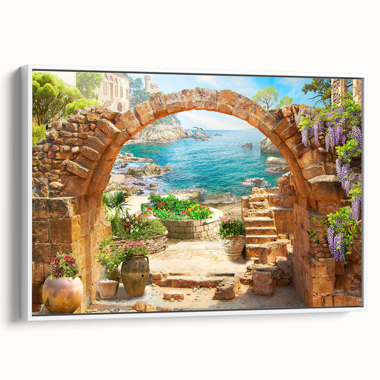Framed canvas wall art collection showcasing a vibrant street landscape design with a white frame, viewed from the side, perfect for modern decor.